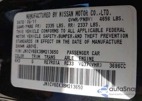 2011 Infiniti G37 Journey from USA, damaged, VIN JN1CV6EK3BM213650
